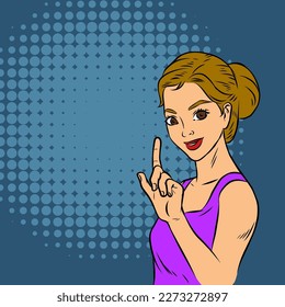 Illustration of a female model pointing finger upfront. Illustration of a casual woman in retro comic pop art style.