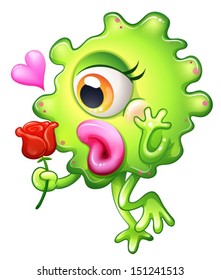 Illustration of a female monster holding a rose on a white background