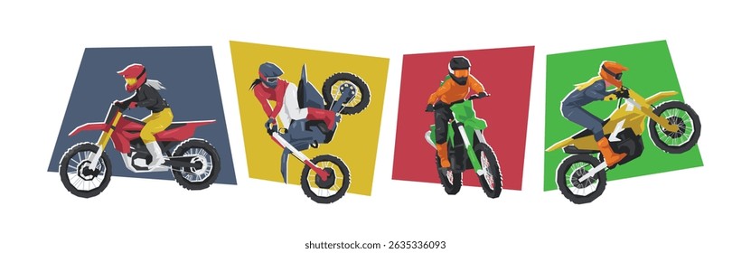 Illustration of female motocross rider character. Race, extreme sport. Flat vector cartoon style.