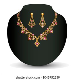 Illustration of a female necklace and earring of beads and precious stones...