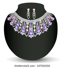 Illustration female necklace and earrings with lilac precious stones