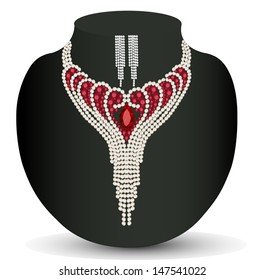 Illustration female necklace and earrings with red precious stones
