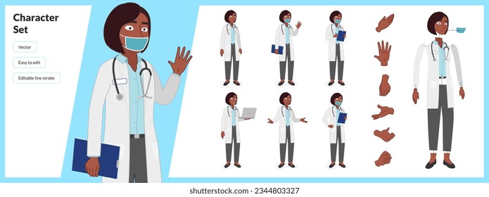 Illustration of female nhs medical doctor, wearing white outfit in a set of multiple poses. Easy to edit with editable line strokes and isolated on white background. Suitable for animation.