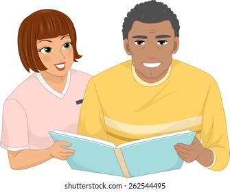 Illustration of a Female Nurse Assisting a Male Senior Citizen Looking Through an Album