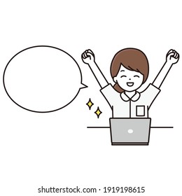 Illustration of a female nurse doing a guts pose with a smile in front of a laptop