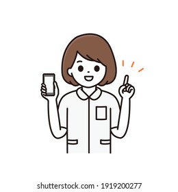 Ilustración de una enfermera explicando puntos con una sonrisa y sosteniendo un smartphone