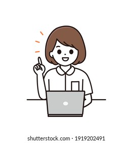 Ilustración de una enfermera explicando puntos con una sonrisa frente a un ordenador portátil