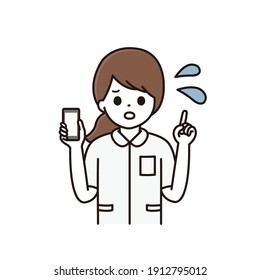 Illustration of a female nurse explaining a smartphone with a troubled face