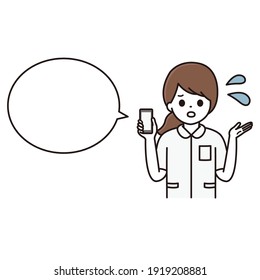 Illustration of a female nurse explaining with a smartphone with a troubled face