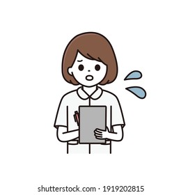 Illustration of a female nurse filling out a medical record while having trouble