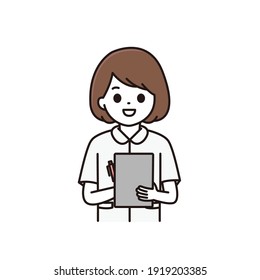 Illustration of a female nurse filling out a medical record with a smile
