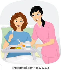 Illustration of a Female Nurse Helping Her Patient to Eat