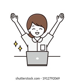 Illustration of a female nurse hurraying with a smile in front of a laptop