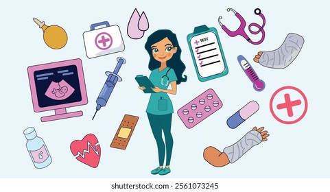 Illustration of a female nurse or medical worker holding a clipboard, surrounded by medical equipment and symbols such as stethoscope, syringe, thermometer, bandages, pills, test result clipboard