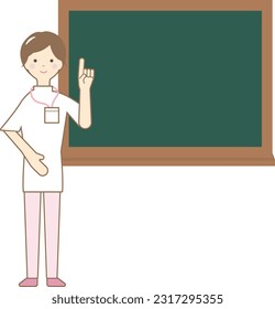  illustration of a female nurse pointing a blackboard(with brown outline).Background is transparent.