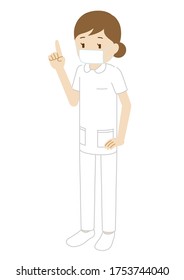 Illustration of a female nurse wearing a mask (pointing pose)