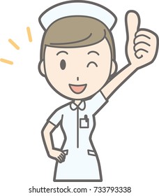 Illustration of a female nurse wearing a white coat standing her thumb