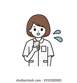 Illustration of a female nurse who is having trouble operating a smartphone