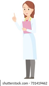 Illustration of a female nutritionist pointing at an angle towards a finger - whole body