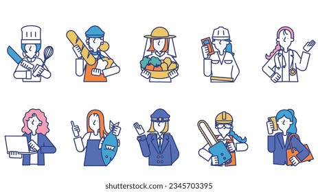 It is an illustration of a female occupation set (upper body) (chef, baker, greengrocer, carpenter, doctor, baker, programmer, fishmonger, captain, pilot, forestry, sales).
