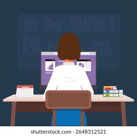 Illustration of a female office worker sitting at a computer, viewed from behind, focused on her work in a modern office environment.