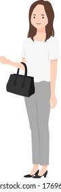 Illustration of a female office worker. The woman is wearing a gray pantsuit.