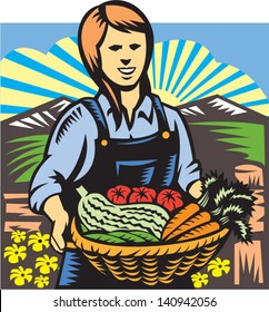 Illustration of female organic farmer with basket of crop produce harvest fruits vegetables facing front with farm fields mountains and fence in background done in retro wpa woodcut style.