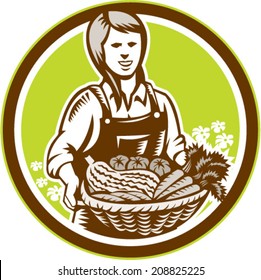 Illustration of female organic farmer with basket of crop produce harvest fruits vegetables facing front set inside circle done in retro woodcut style.
