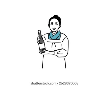 Illustration of a female owner of a small restaurant wearing an apron holding a sake bottle
