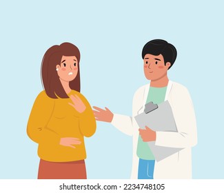 Illustration of female patient by doctor saying about her symptoms and worries. Medical care. Medicine, health care concept illustration with a woman and man.