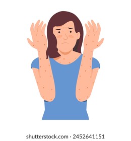 Illustration of a female patient raising both arms with a skin disease. Rash on arms or body. Flat style vector