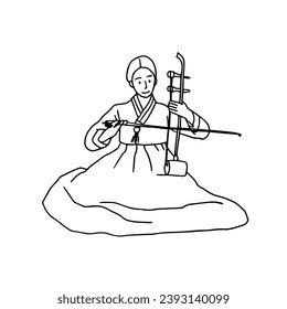 The illustration is a female performer wearing a hanbok who plays the traditional Korean string instrument 'Haegeum'.
Hand drawn style vector design line illustrations.