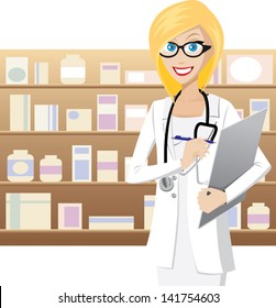Illustration of female pharmacist is checking medicine stock. Contain transparency effect.