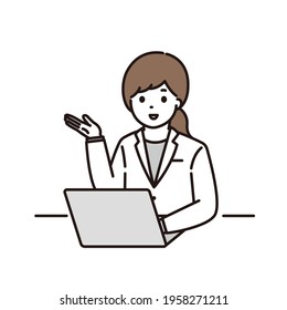 Illustration of a female pharmacist and a female doctor explaining in front of a laptop computer