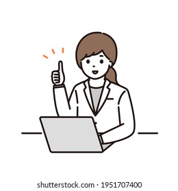 Illustration of a female pharmacist and a female doctor giving a good sign in front of a computer