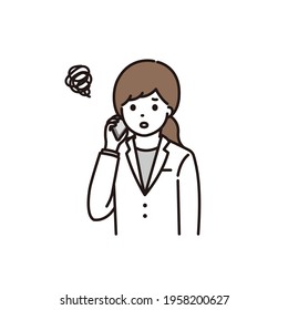Illustration of a female pharmacist and a female doctor making a phone call using a smartphone with a troubled face