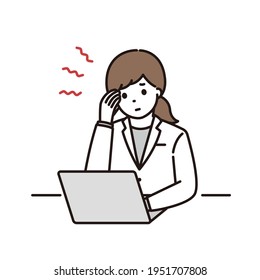 Illustration of a female pharmacist and a female doctor suffering from a headache in front of a computer