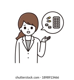 Illustration of a female pharmacist explaining medicine while having trouble