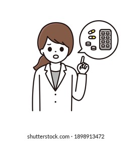 Illustration of a female pharmacist explaining medicine while having trouble