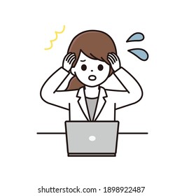 Illustration of a female pharmacist panicking in front of a computer