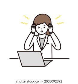 Illustration of a female pharmacist suffering from tinnitus and headaches in front of a computer