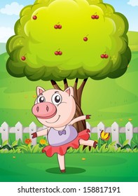 Illustration of a female pig playing at the yard near the big tree