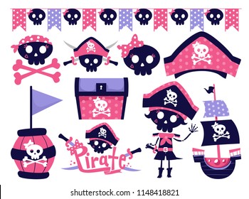 Illustration of a Female Pirate Pink and Blue Birthday Party Theme Elements