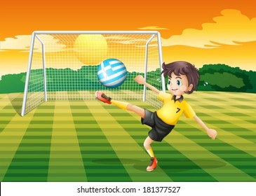 Illustration of a female player kicking the ball with the flag of Greece