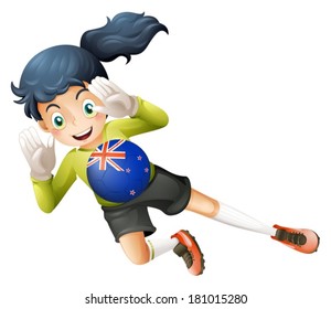 Illustration of a female player using the ball with the flag of New Zealand on a white background 