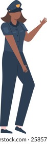 Illustration of a female police officer in uniform, confidently gesturing with one hand. The image represents women in law enforcement, showcasing strength and professionalism