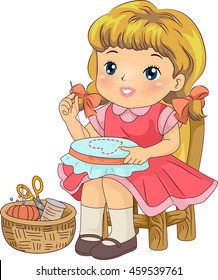 Illustration of a Female Porcelain Doll Embroidering