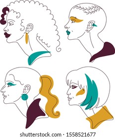 Illustration with female portaits in minimalistic linear modern style. Designed in yellow blue and purple colors as abstract t-shirt print and fashion beauty concept.