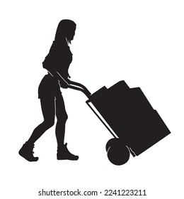 Illustration of a female porter carrying goods using a trolley. Isolated black silhouette. 