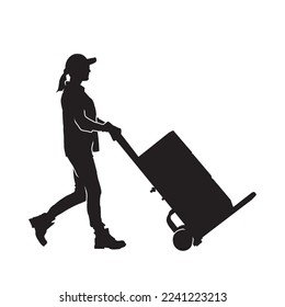 Illustration of a female porter carrying goods using a trolley. Isolated black silhouette. 